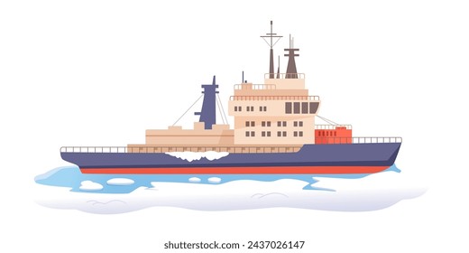 Arctic ship icebreaker in winter sea vector illustration isolated on white. Shipping boat at north pole, alaska or antarctica breaking ice. Industrial nautical transport.