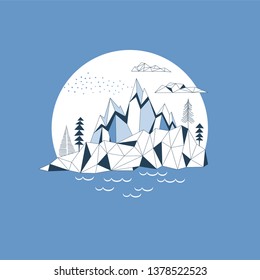 Arctic simple linear landscape on blue backdrop. Water and mountains nordic view vector circle illustration. Antarctic nature scene. Polar North background. Into the wild themed print. Wanderlust