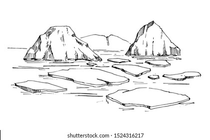 Arctic sketch. Icebergs. Northen landscape. Hand drawn illustration converted to vector