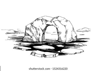 Arctic sketch. Icebergs. Northen landscape. Hand drawn illustration converted to vector