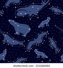 Arctic Sky. Animal Constellations. Seamless pattern. Figures of animals