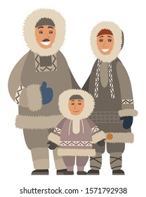 Arctic smiling family in warm traditional clothes standing together. Happy parents and kid wearing fur coat and mittens for Alaska weather. Portrait view of mother, father and son embracing vector