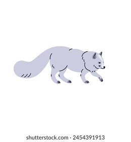 Zorro del Ártico o de la nieve caminando. Lindo depredador peludo con piel de invierno. Adorable animal polar con la caza de la cola esponjosa. Fauna del clima del norte. Ilustración vectorial aislada plana sobre fondo blanco