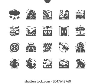 Arctic. Snow, iceberg and northern lights. Polar station. Tourism, travel, vacation and extreme sports. Snowmobile. Vector Solid Icons. Simple Pictogram