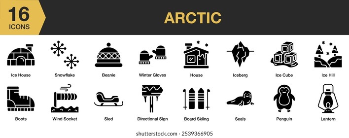 Conjunto de ícones sólidos do Ártico. Inclui luvas de inverno, floco de neve, trenó, focas, pinguim e muito mais. Coleção vetorial de ícones sólidos.