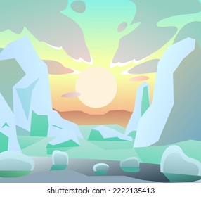 Arctic sun. Winter landscape. Harsh cold nature. Snow and ice frost. Cartoon fun style. Flat design. Vector