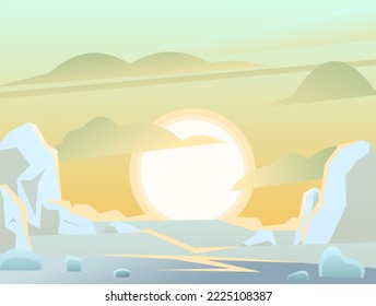 Arctic sunrise. Winter landscape. Harsh cold nature. Snow and ice frost. Cartoon fun style. Flat design. Vector