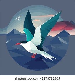 Arctic tern in arctic skies. Arctic birds in natural habitat. Flat vector illustration concept