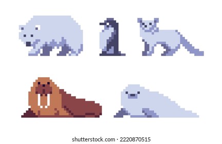 Arctic tundra animals pixel art set. North wildlife, fauna collection. Snow bear, fox and walrus. 8 bit sprite. Game development, mobile app.  Isolated vector illustration.