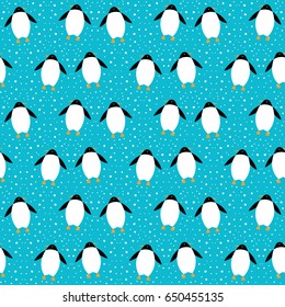 Arctic turquoise blue pattern. Christmas children background. Vector seamless xmas penguin birds and snowflakes wallpaper.