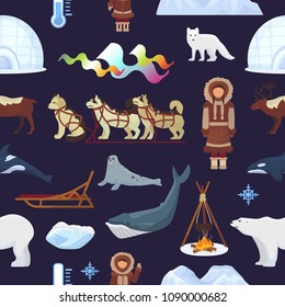 Arctic vector northern borealis norway and husky dog sledding sledge to yurta in snowy winter illustration polaris set of north ethnic characters animals and polar bear seamless pattern background