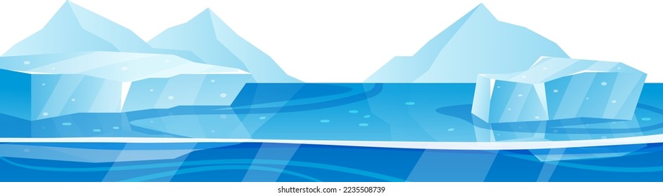 Arctic water nature, winter ocean or sea landscape vector illustration. Cold ice, snow and polar iceberg background. Frost antarctic glacier