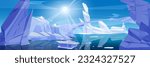 Arctic winter landscape with iceberg. Vector cartoon illustration of frozen lake water, ice bridge between snowy islands, bright sun shining in blue sky. Game level platform. Climate change banner