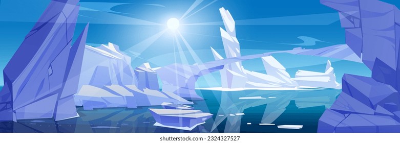 Arktische Winterlandschaft mit Eisberg. Vektorgrafik-Illustration von gefrorenem Seewasser, Eisbrücke zwischen schneebedeckten Inseln, helle Sonne scheint in blauem Himmel. Spieleplattform. Klimaschutzbanner