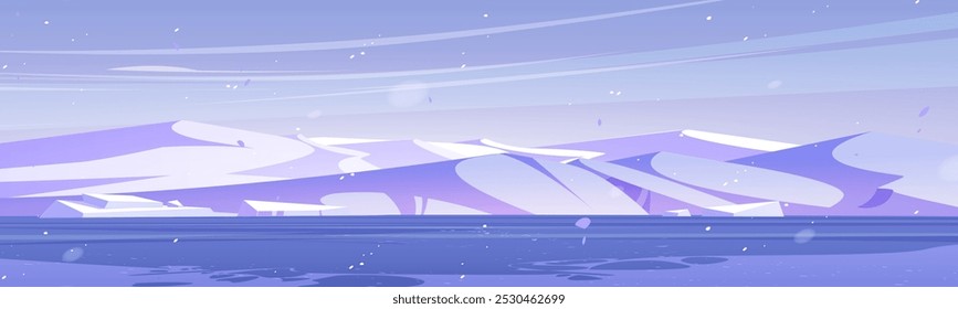 Arktische Winterlandschaft. Vektorcartoon-Illustration des kalten nordischen Meeres oder Seewassers mit Eis, Schnee fliegt in frostiger Luft, Scholle und Gletscher auf Hügeln, mattblauer Himmel, Nordpol-Hintergrund