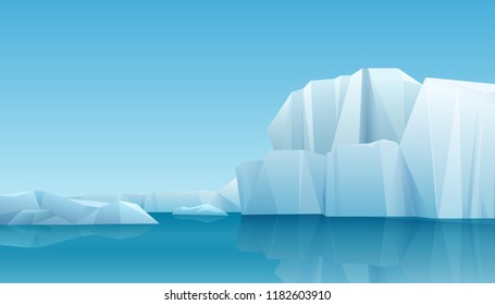 Arctic winter panorama landscape with iceberg and ice mountains. Cold climate winter vector background.