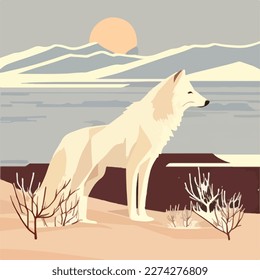 Arctic wolf in snowy tundra. Arctic birds in natural habitat. Flat vector illustration concept