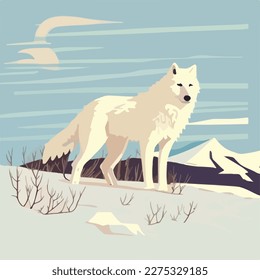 Arctic wolf in snowy tundra. Arctic birds in natural habitat. Flat vector illustration concept