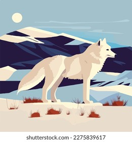 Arctic wolf in snowy tundra. Arctic birds in natural habitat. Flat vector illustration concept