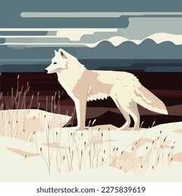 Lobo ártico en tundra nevada. Aves árticas en el hábitat natural. Concepto de ilustración vectorial plana