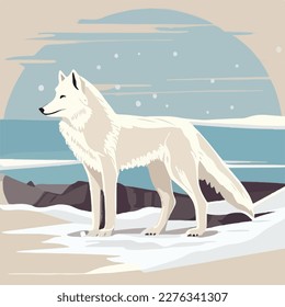 Arktischer Wolf in schneebedeckter Tundra. Arktische Vögel in natürlichen Lebensräumen. Flaches Vektorgrafik-Konzept