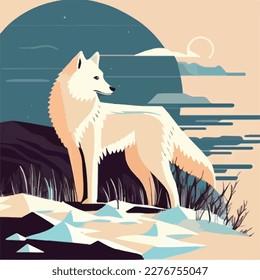 Arctic wolf in snowy tundra. Arctic birds in natural habitat. Flat vector illustration concept