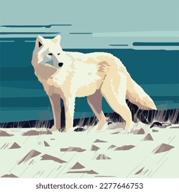 Arctic wolf in snowy tundra. Arctic birds in natural habitat. Flat vector illustration concept