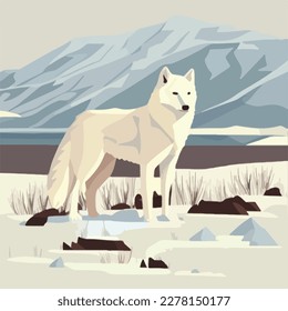 Arctic wolf in snowy tundra. Arctic birds in natural habitat. Flat vector illustration concept