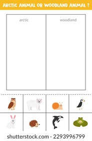 Arctic or woodland animal. Match cards with cute animals. Logical game for kids.