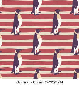 Arctic zoo seamless pattern with hand drawn purple penguin print. Striped red pale background. Decorative print for fabric design, textile print, wrapping, cover. Vector illustration.