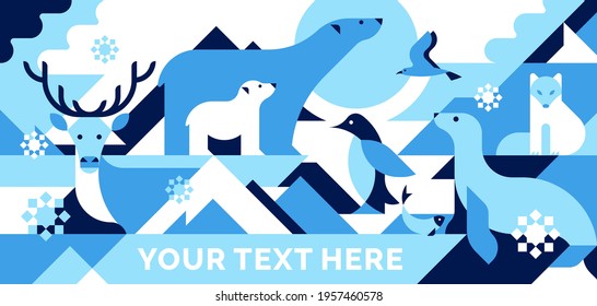 Arctical, polar animals abstract vector background. Geometric pattern for  print, greeting card, banner.