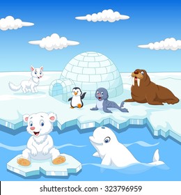 Arctics animals collection set with igloo ice house 