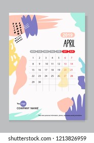 Arctistic Monthly Calendar Template Design For New Years 2019. Cute Pop Art Background With Colorful, Hand Drawn, Simple Style. Week Starts.