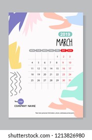 Arctistic monthly calendar template design for new years 2019. Cute pop art Background with colorful, hand drawn, simple style. Week starts.