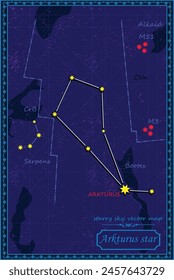 Arcturus is the brightest star in the northern constellation. Vector map of the starry sky. 