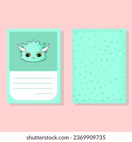 ard Confused Cartoon Cute Monster With Horns with Front and Back and Blank Text Box	