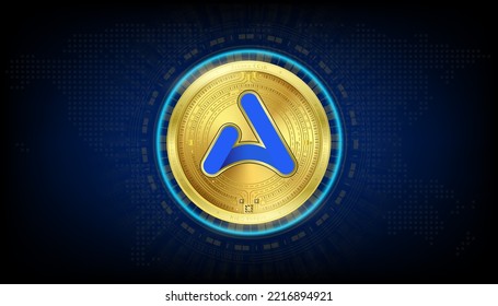Ardana coin golden token cryptocurrency. Future currency on blockchain stock market digital. Crypto currencies on black background vector EPS10.