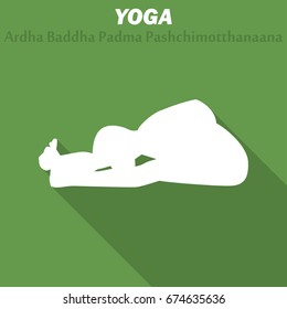 Ardha Baddha Padma Pashchimotthanaana. Yoga workout icon with long shadow. Vector illustration
