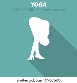 Ardha Baddha Padmotanasana. Yoga workout icon with long shadow. Vector illustration