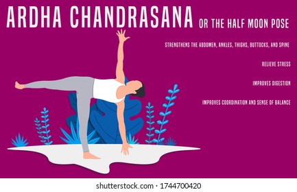 Ardha Chandrasana or the half moon pose. Yoga Fitness Concept. Illustration Of Woman doing yoga. 