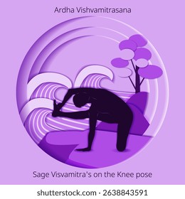 Ardha Vishvamitrasana yoga pose. Sage Visvamitra on the Knee yoga pose. International Yoga Day. Paper cut design. Isolated vector illustration.