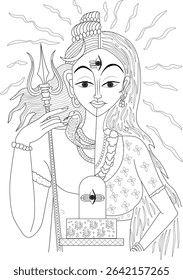 Ardhanarishvara - Shiva and Parvati Divine Union Line Art, Line art illustration depicting Ardhanarishvara, the composite form of Lord Shiva and Goddess Parvati, symbolizing the synthesis of