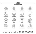 ARDS, Acute Respiratory Distress Syndrome symptoms, diagnostic and treatment icon set. Line editable medical icons.