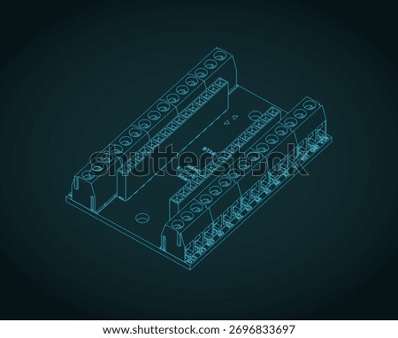 Arduino nano IO shield isometric blueprint. Stylized vector illustrations of Arduino hardware