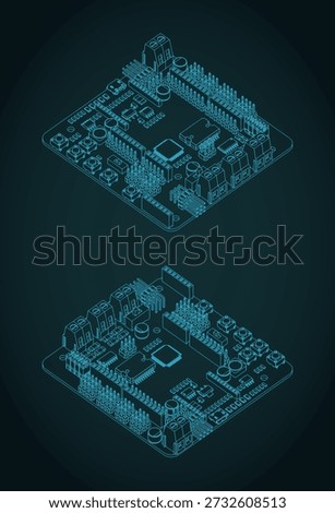 Arduino RoMeo V2 robotics controller isometric blueprints stylized vector illustrations