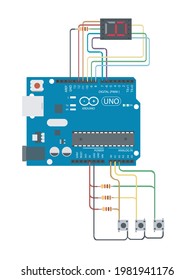 Arduino UNO educational project showing LED number display using code and colorful wired components. Ideal for learning programming and electronics. EPS10 vector illustration on a clean white bg
