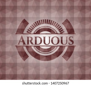 Arduous red emblem or badge with abstract geometric polygonal pattern background. Seamless.