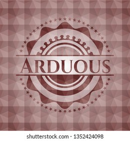 Arduous red emblem or badge with geometric pattern background. Seamless.