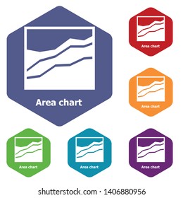 Area chart icons vector colorful hexahedron set collection isolated on white