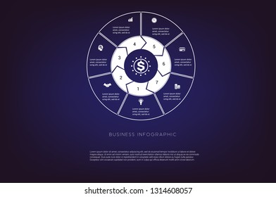 Area chart,ring chart, pie chart. Concept  illustration or background. Business infographic. Vector monochrome template 7 positions for text area, possible to use for workflow, banner